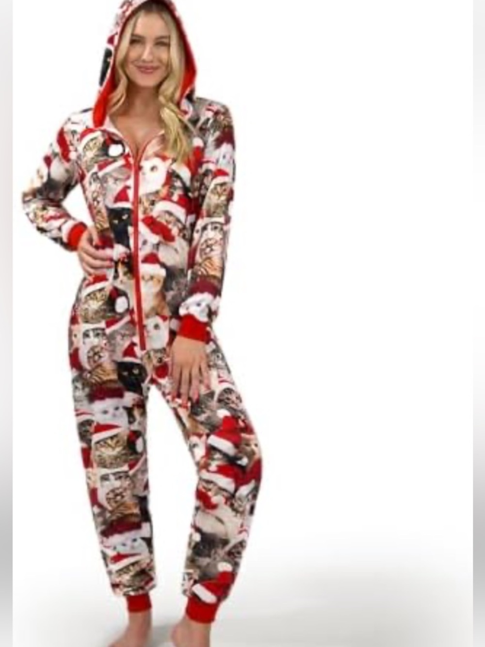 Cat Christmas onesie Hooded Pajamas an adorable  print of kittens Medium unisex